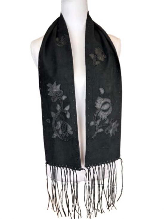 Natori Accessories - Vintage Natori Leather Fringe Scarf Pashmina Silk Lined Boho Floral Western Y2K